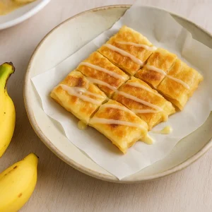 Pan frito crujiente cubierto con leche condensada y azúcar.